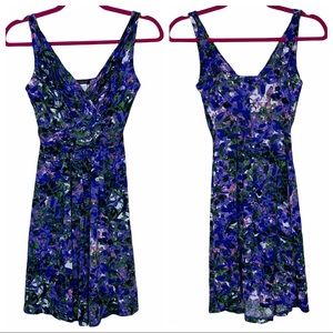 Venus Jersey Purple Floral Surplice Neckline Ruched Waist Stretchy MiniDress XS